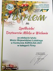 Wieluńska Spółdzielnia Dostawców Mleka Mistrzem Województwa Łódzkiego w Konkursie AGROLIGA 2021 r.