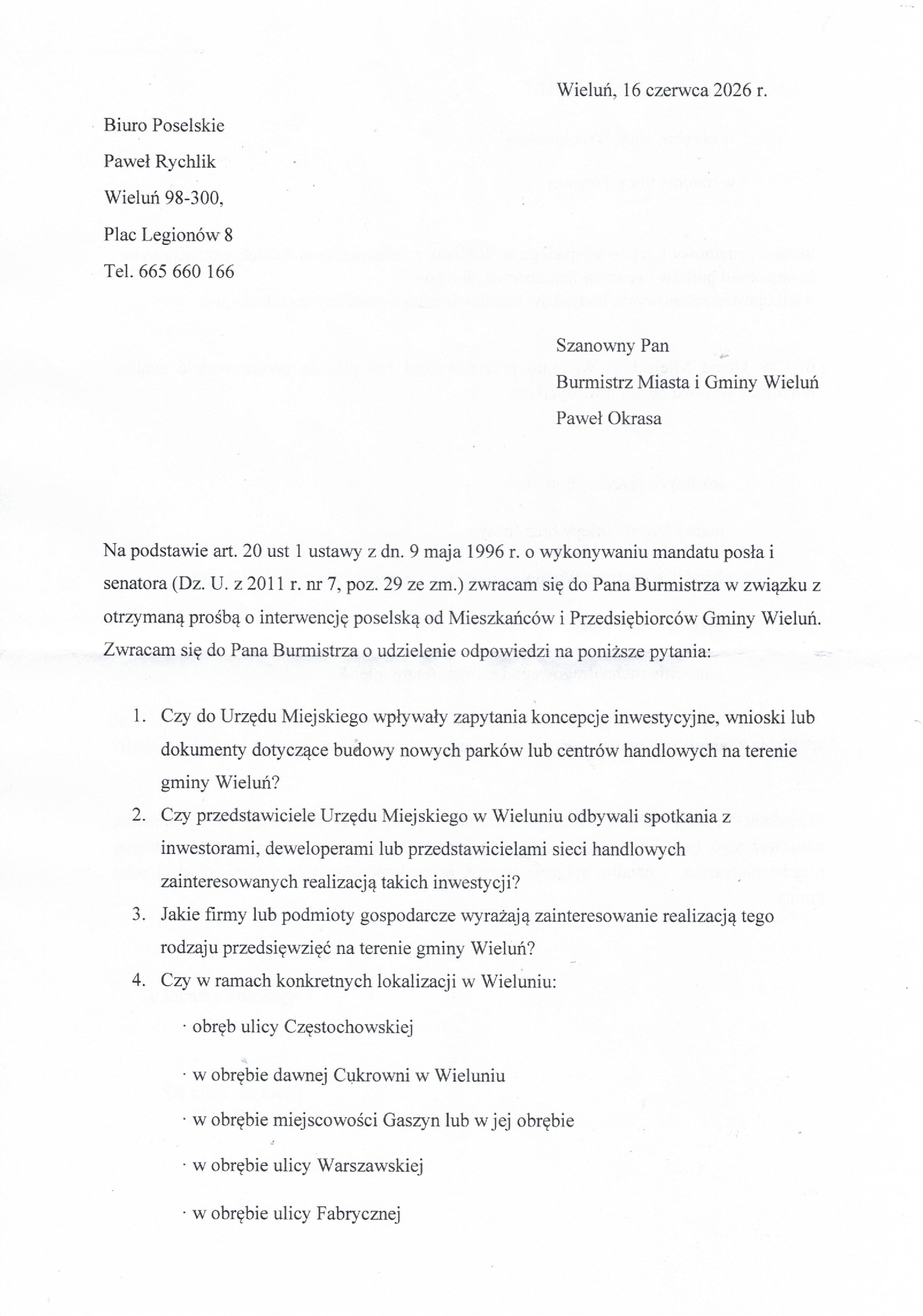 Wieluń: interwencja poselska na prośbę przedsiębiorców i mieszkańców