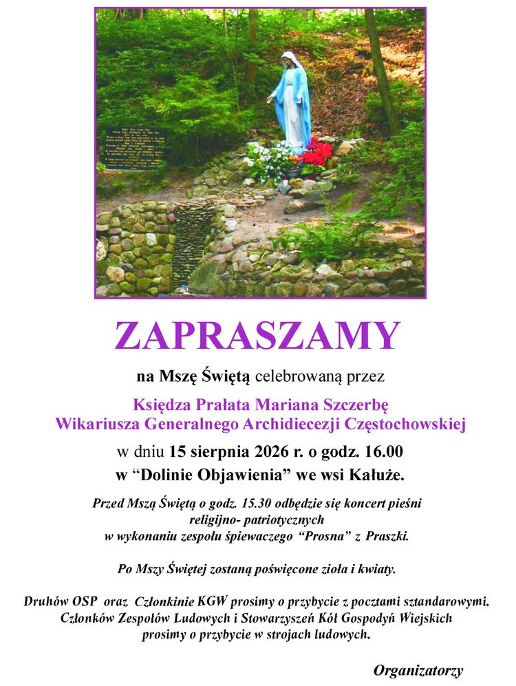 Gmina Pątnów: 15 sierpnia msza święta w Dolinie Objawienia w miejscowości Kałuże