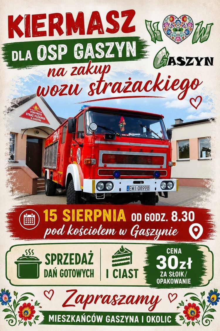 W sobotę w Gaszynie kiermasz dań i ciast na rzecz OSP Gaszyn