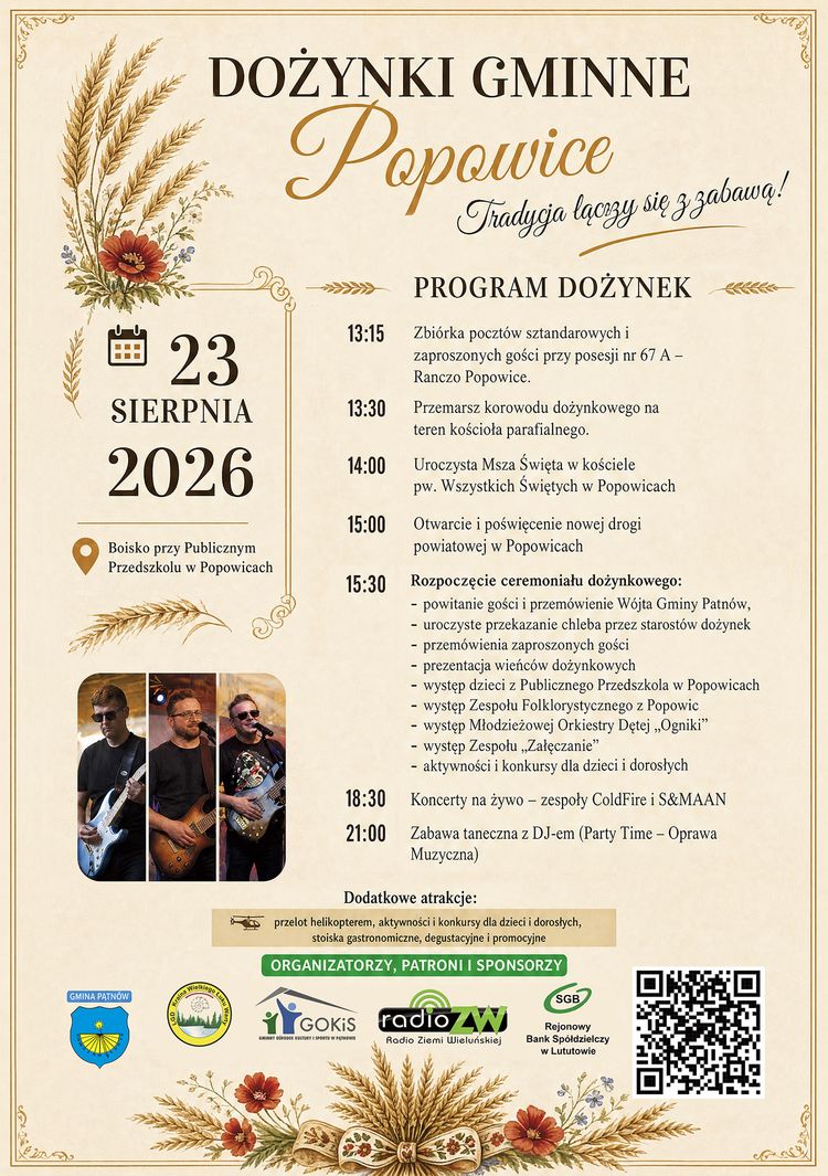 W niedzielę 23 sierpnia Dożynki Gminne w Popowicach (gmina Pątnów)