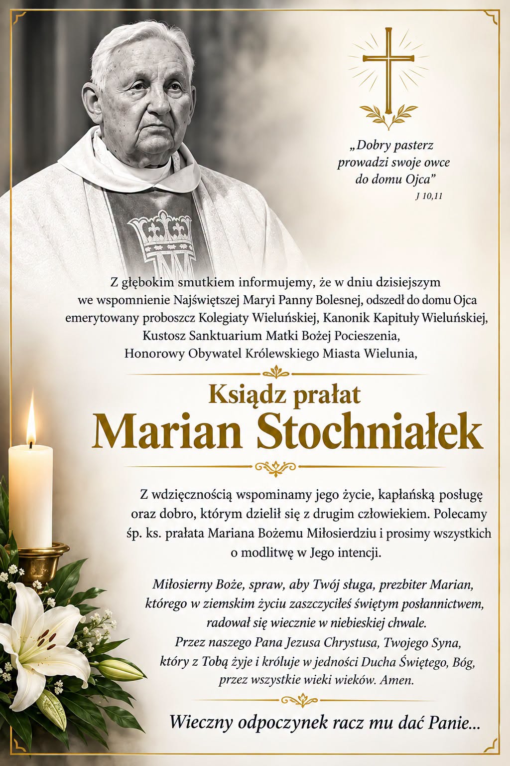Wieluńska kolegiata poinformowała o śmierci księdza prałata Mariana Stochniałka