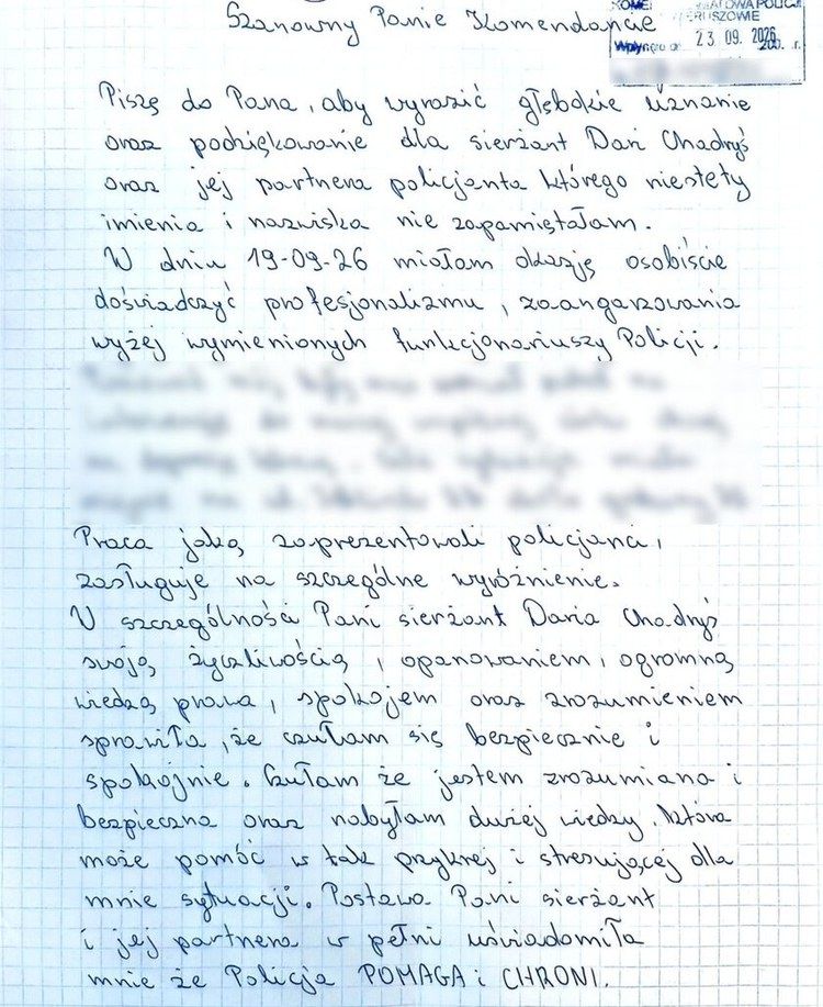 List z podziękowaniem trafił do komendanta wieruszowskiej żaboli. Dotyczył jednej z interwencji