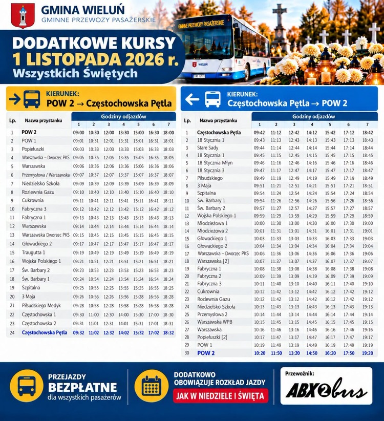 Będą dodatkowe kursy Wieluńskiej Komunikacji Gminnej 1 listopada